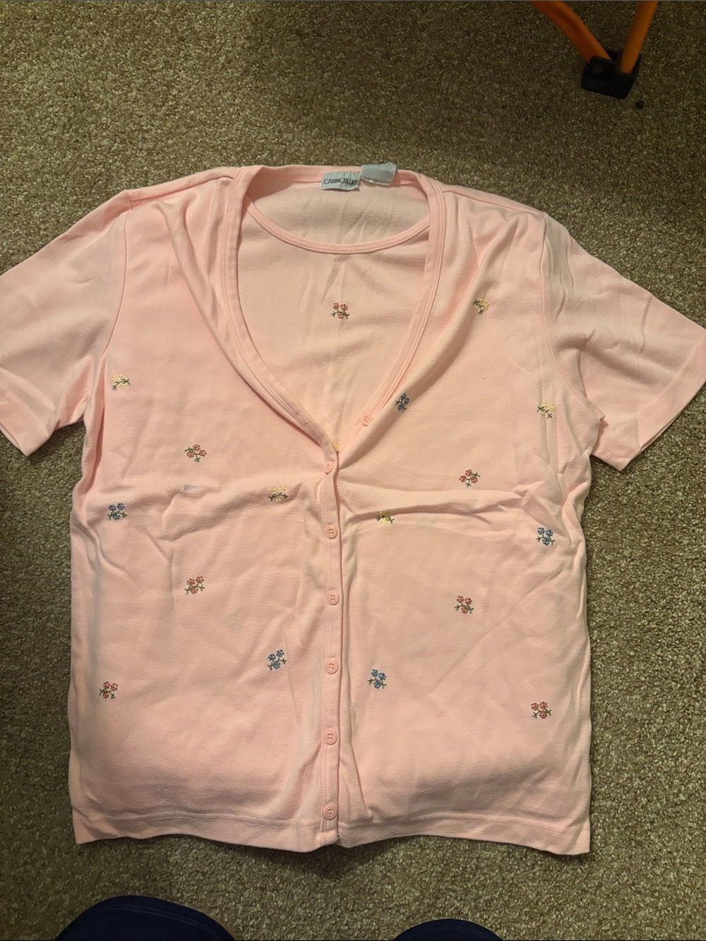 Cabin Creek Light Pink Short-Sleeve Button-Up Top with Tiny Floral Embroidery